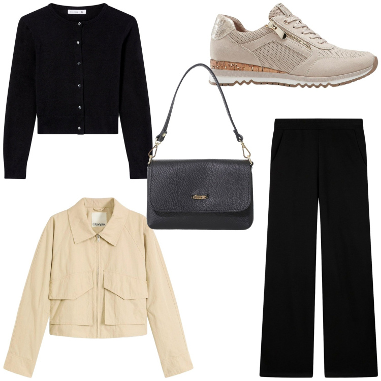 Outfit donna - Brunch informale. Stile Chic per Tutti i giorni. Abbinamento con sneakers, trench, cardigans, pantaloni, borse a tracolla.
