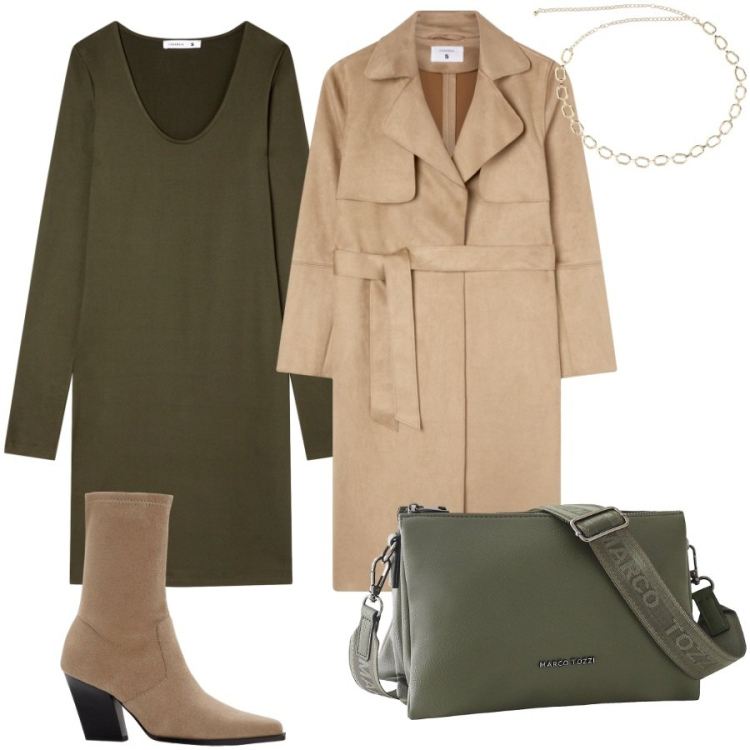 Outfit donna - Total look #2248885. Stile Casual chic per Ufficio. Abbinamento con stivaletti, borse a tracolla, vestiti, trench, collane.