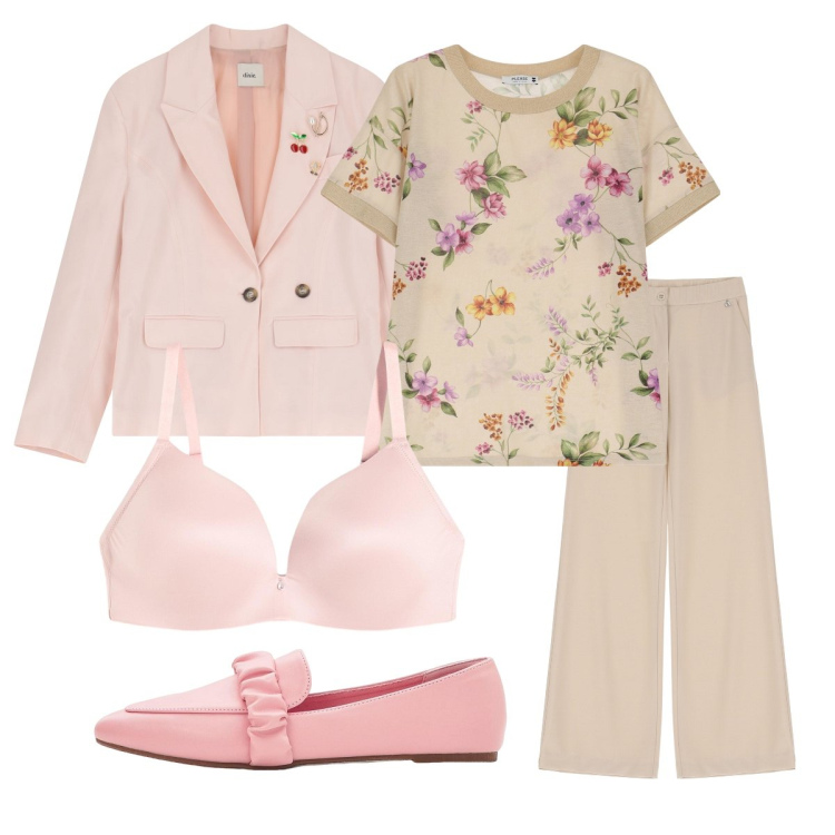 Outfit donna - Tinte delicate per l’autunno. Stile Bon Ton per Ufficio. Abbinamento con mocassini, reggiseni, t-shirt, pantaloni, blazer.