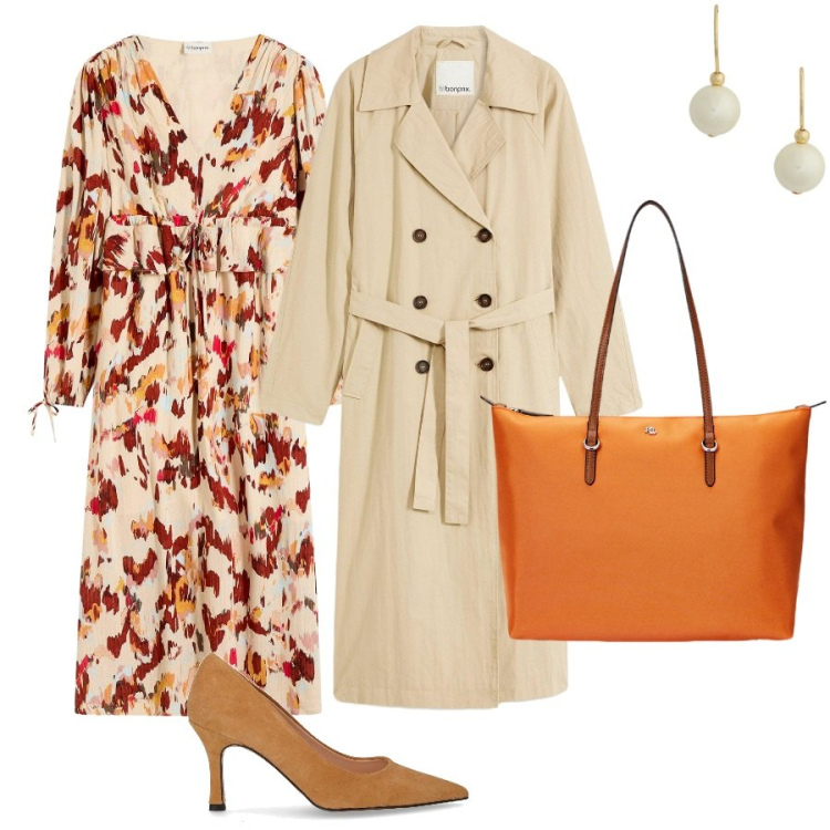 Outfit donna - Il classico trench. Stile Chic per Ufficio. Abbinamento con vestiti midi/longuette, trench, borse tote, orecchini, décolleté.
