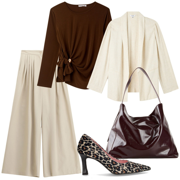 Outfit donna - Total look #2248889. Stile Chic per Ufficio. Abbinamento con shopping bag, blazer, t-shirt, pantaloni a palazzo, décolleté.