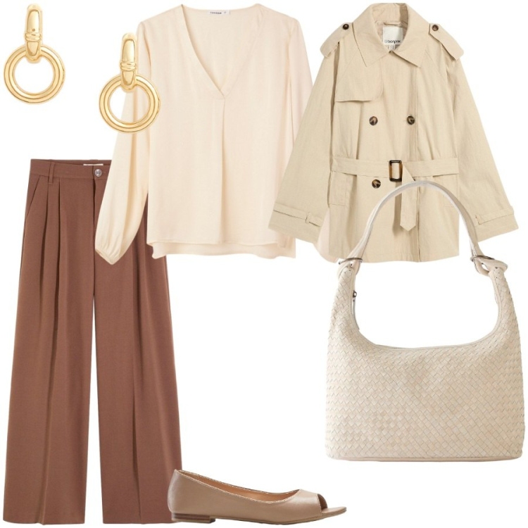 Outfit donna - My trench. Stile Chic per Ufficio. Abbinamento con trench, shopping bag, pantaloni, ballerine, bluse, orecchini.