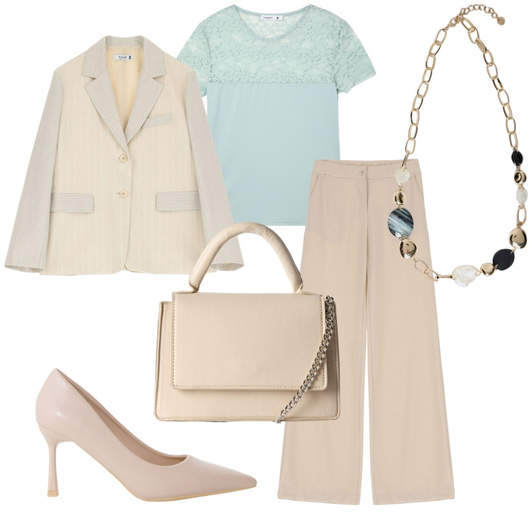 Outfit donna - Riunione di lavoro. Stile Bon Ton per Ufficio. Abbinamento con t-shirt, borse a tracolla, blazer, décolleté, pantaloni, collane.