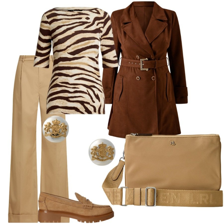 Outfit donna - Total look #2248897. Stile Chic per Serata fuori. Abbinamento con trench, orecchini, borse a tracolla, mocassini, pantaloni, t-shirt.