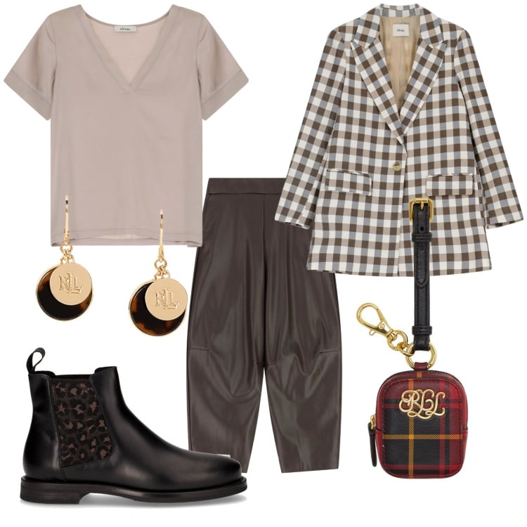 Outfit donna - Autunno. Stile Casual chic per Ufficio. Abbinamento con pantaloni, t-shirt, blazer, pochette, orecchini, stivaletti chelsea.