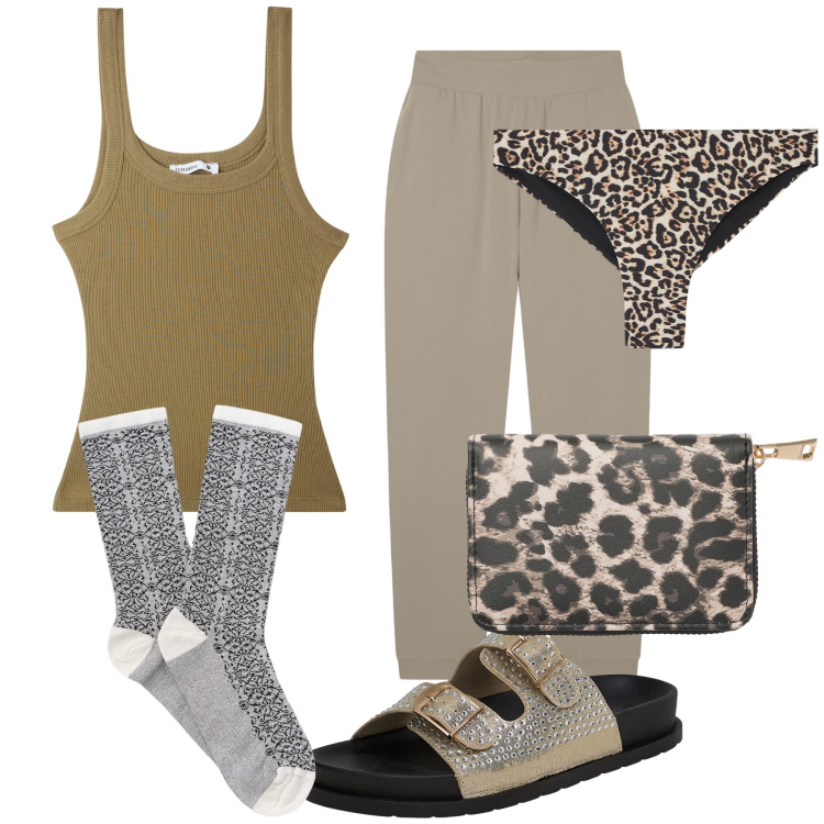Outfit donna - Casa dolce casa. Stile Basic per Tutti i giorni. Abbinamento con culotte, ciabatte, canottiere, portafogli, pantaloni, calzini.