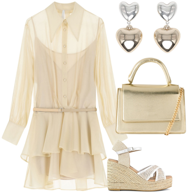 Outfit donna - Madrina. Stile Bon Ton per Cerimonia. Abbinamento con orecchini, borse a tracolla, vestiti corti, zeppe.