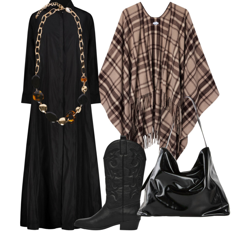 Outfit donna - English style. Stile Urban per Ufficio. Abbinamento con shopping bag, stivaletti texani, cappotti, vestiti, collane.