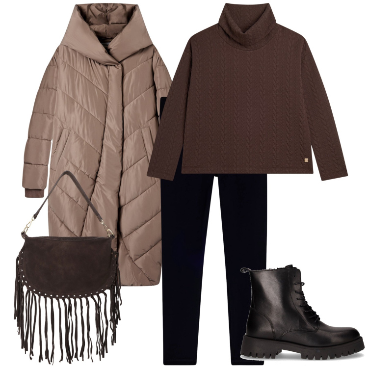 Outfit donna - Alta montagna. Stile Trendy per Tutti i giorni. Abbinamento con cappotti, maglieria, leggings, borse a tracolla, anfibi.