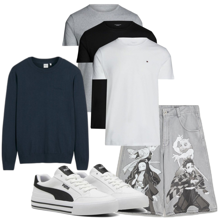 Outfit hombre - Casual look. Estilo Casual para Todos los días. Combinación con camiseta, sneakers, sudaderas, bermudas.