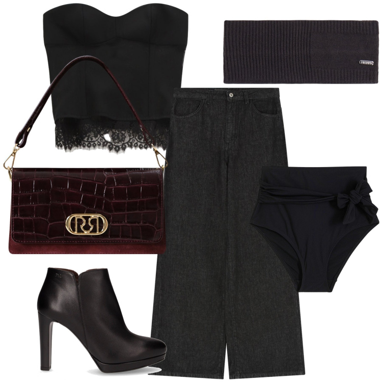 Outfit donna - Il top da sera. Stile Glamour per Serata fuori. Abbinamento con culotte, borse a mano, top, accessori per capelli, pantaloni a palazzo, stivaletti.