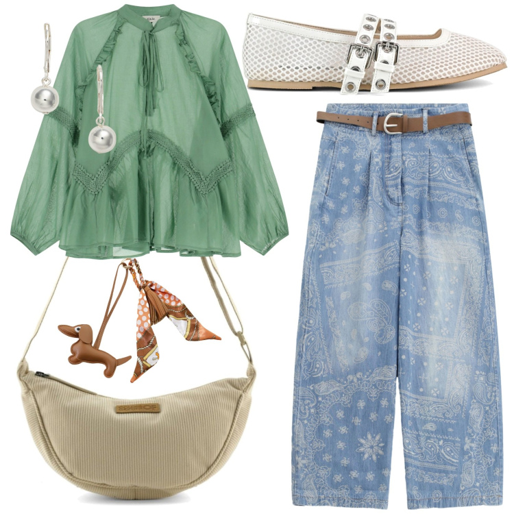 Outfit donna - La camicia romantica. Stile Basic per Tutti i giorni. Abbinamento con portachiavi, bluse, jeans, orecchini, ballerine, borse a tracolla.
