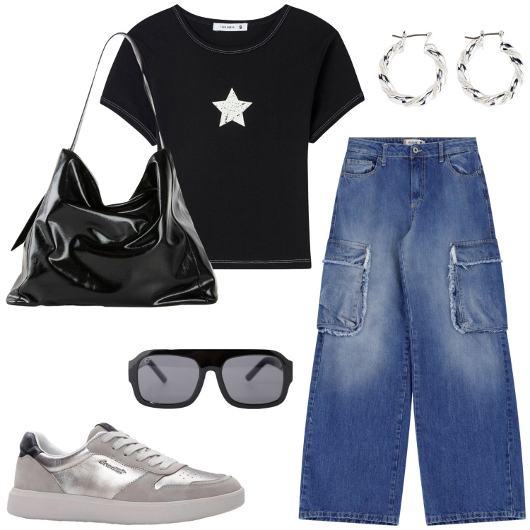 Outfit donna - A scuola. Stile Sporty chic per Scuola/Università. Abbinamento con orecchini, sneakers, shopping bag, t-shirt, jeans, occhiali da sole.