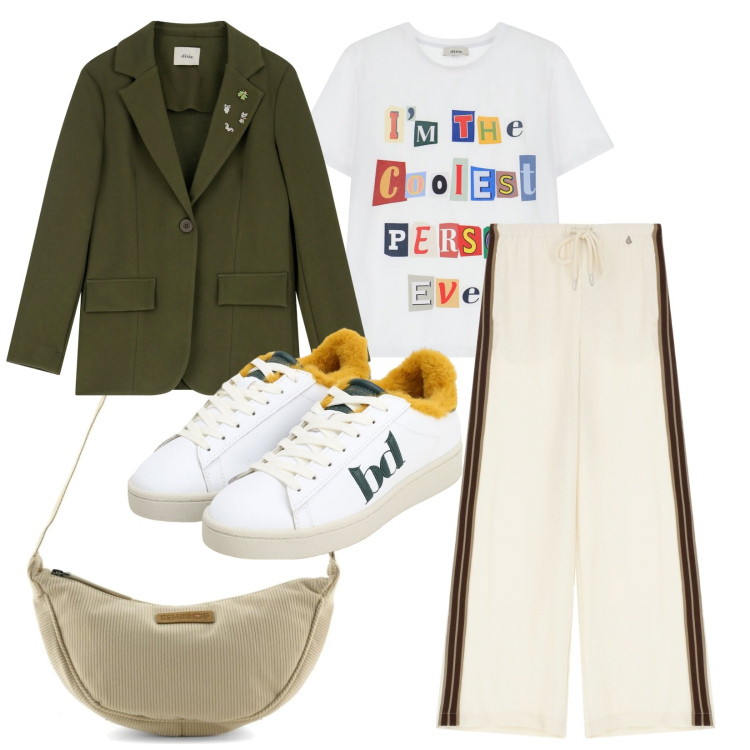 Outfit donna - Blazer a passeggio. Stile Basic per Tutti i giorni. Abbinamento con sneakers, t-shirt, blazer, pantaloni, borse a tracolla.