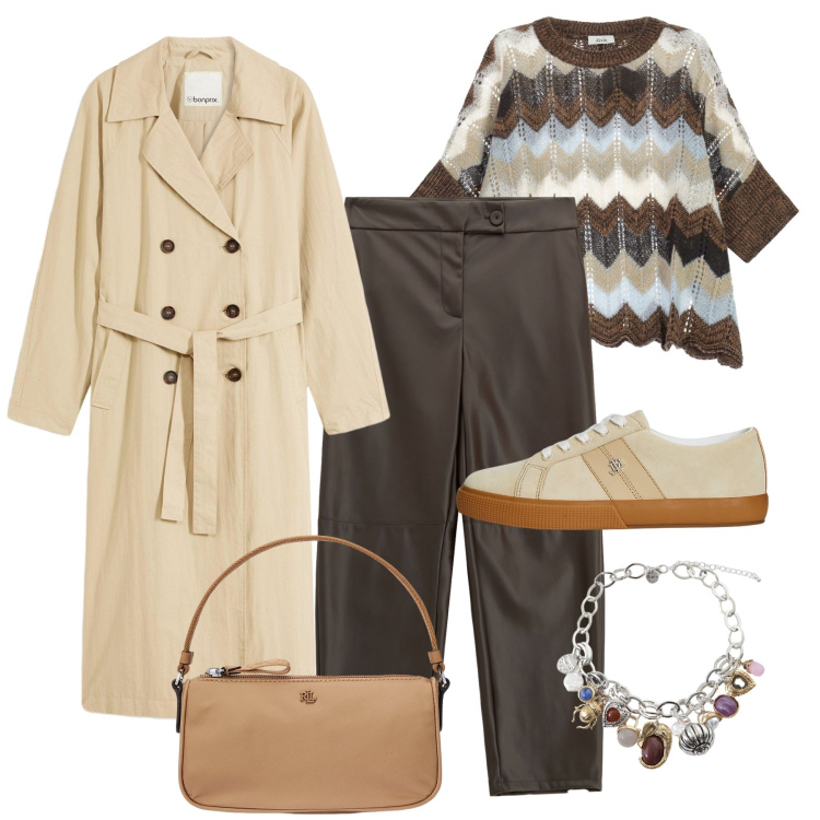 Outfit donna - Trench fluido oversize. Stile Trendy per Tutti i giorni. Abbinamento con trench, pantaloni, braccialetti con ciondoli, maglieria, pochette, sneakers.