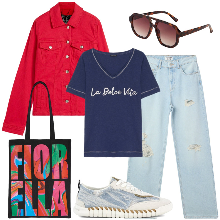 Outfit donna - giubbino di jeans per un weekend. Stile Sporty chic per Tutti i giorni. Abbinamento con blazer, occhiali da sole, jeans strappati, borse tote, sneakers, t-shirt.