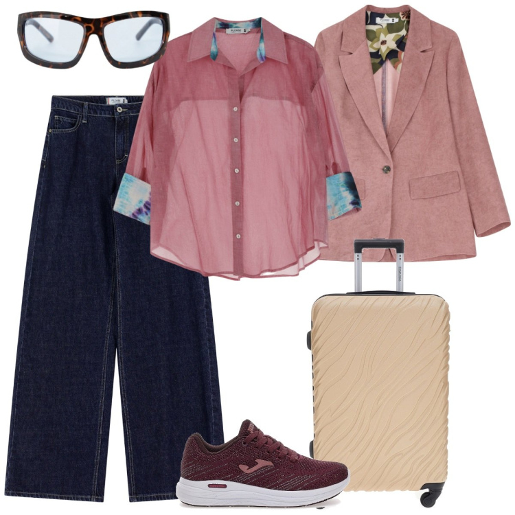 Outfit donna - Please Fw25 takes New York. Stile Mannish per Tutti i giorni. Abbinamento con jeans a zampa, blazer, camicie, occhiali da sole, valigie, sneakers.