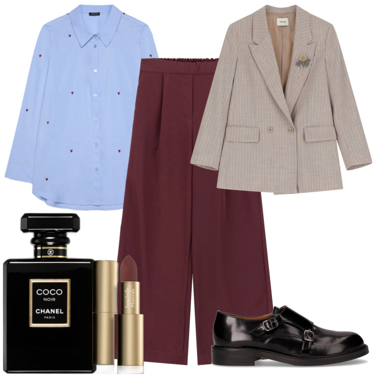 Outfit donna - Contrasti audaci di tendenza. Stile Casual per Ufficio. Abbinamento con profumi, rossetti, blazer, pantaloni a palazzo, camicie, mocassini.