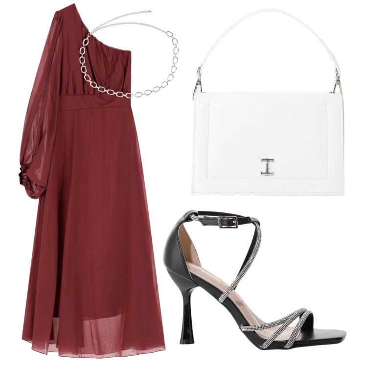 Outfit donna - Cerimonia in rosso. Stile Romantica per Cerimonia. Abbinamento con sandali col tacco, borse a tracolla, collane, vestiti lunghi.