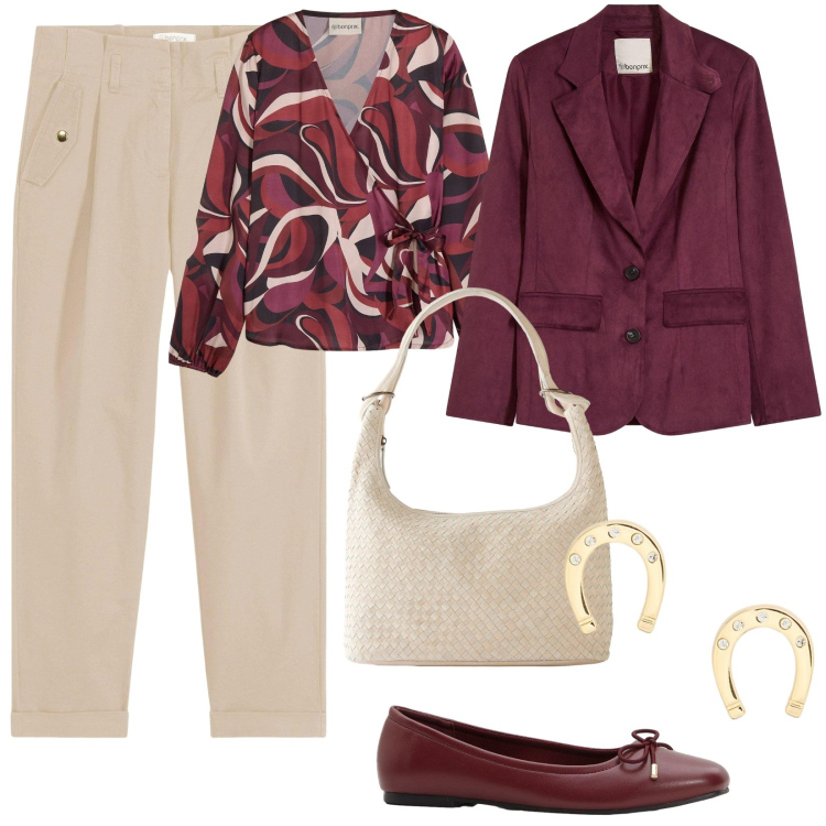 Outfit donna - Brunch a settembre. Stile Basic per Tutti i giorni. Abbinamento con blazer, pantaloni, shopping bag, ballerine, camicie, orecchini.