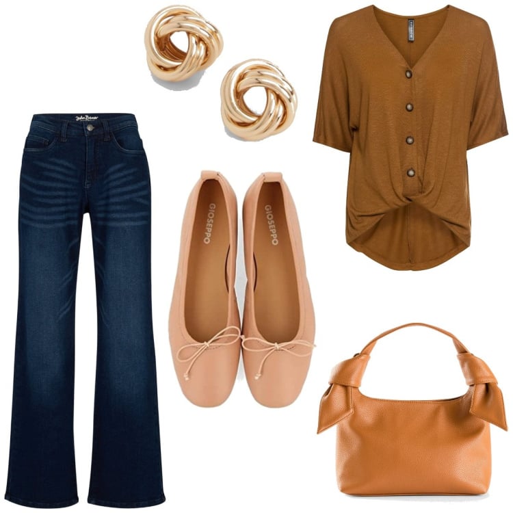 Outfit femme - Couleurs chaudes. Style Basique pour Tous les jours. Assortir avec tuniques, jeans, sacs à main, boucles d'oreilles, ballerines.