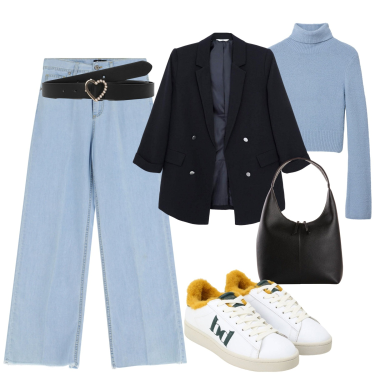 Outfit donna - Settembre. Stile Casual per Tutti i giorni. Abbinamento con shopping bag, blazer, cinture, maglieria, sneakers, jeans.
