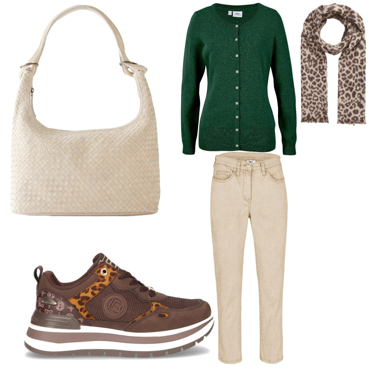 Outfit donna - Autunno in verde e beige. Stile Casual per Tutti i giorni. Abbinamento con pantaloni, cardigans, shopping bag, sciarpe, sneakers.