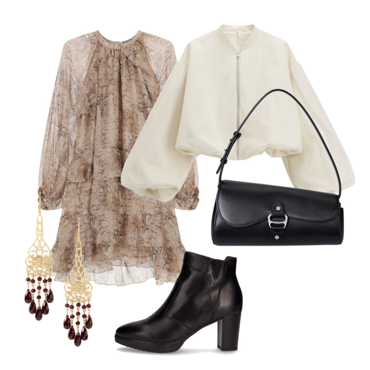 Outfit donna - Total look #2248935. Stile Glamour per Serata fuori. Abbinamento con bomber, vestiti corti, borse a spalla, orecchini, stivaletti.