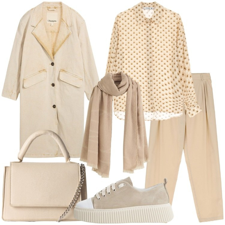 Outfit donna - Brunch domenicale di settembre. Stile Casual chic per Tutti i giorni. Abbinamento con trench, sciarpe, borse a tracolla, camicie, sneakers, pantaloni.