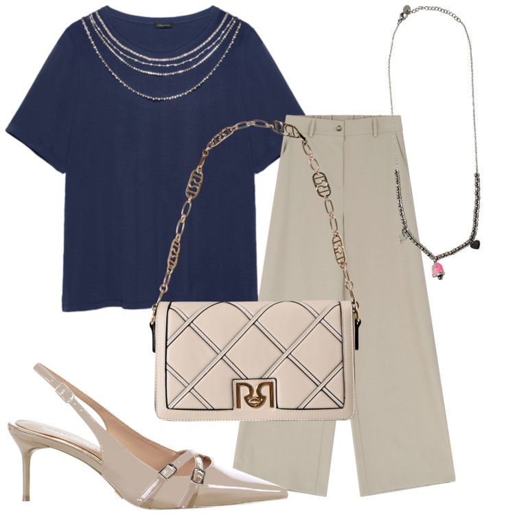 Outfit donna - Un outfit semplice. Stile Casual per Tutti i giorni. Abbinamento con borse a tracolla, décolleté, ciondoli, pantaloni a palazzo, bluse.