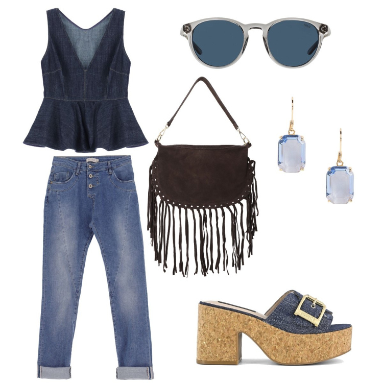 Outfit donna - A tutto Jeans !. Stile Vintage retrò per Tutti i giorni. Abbinamento con jeans slim fit, top, borse a tracolla, occhiali da sole, orecchini, sandali.