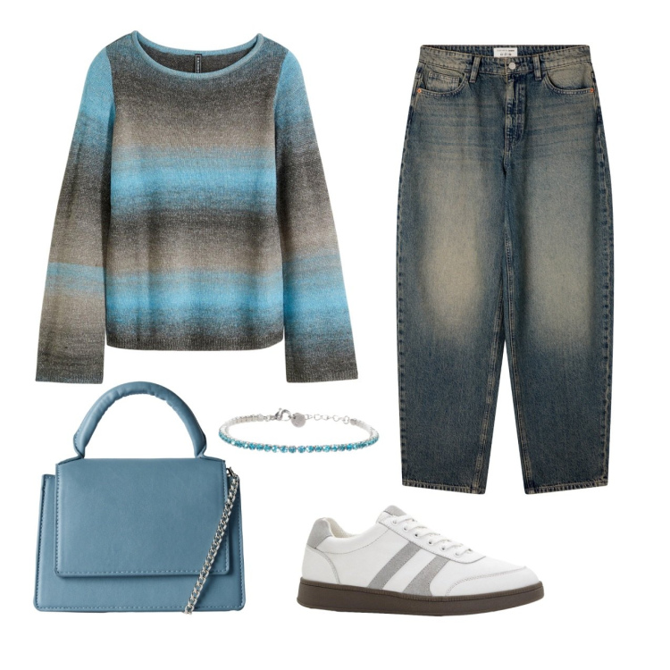 Outfit donna - Fresco di sera. Stile Casual per Serata fuori. Abbinamento con maglieria, sneakers, borse a tracolla, jeans, braccialetti.