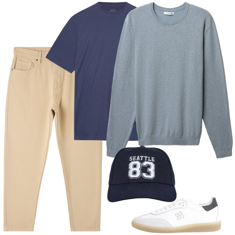Outfit uomo - Cieli azzurri. Stile Casual per Tutti i giorni. Abbinamento con pantaloni, cappelli, maglieria, sneakers, t-shirt.