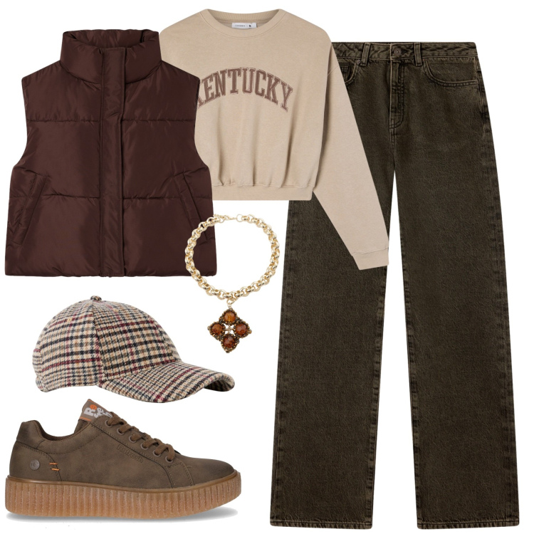 Outfit donna - Fall. Stile Casual per Tutti i giorni. Abbinamento con cappelli con visiera, jeans dritti, piumini, felpe, collane, sneakers.