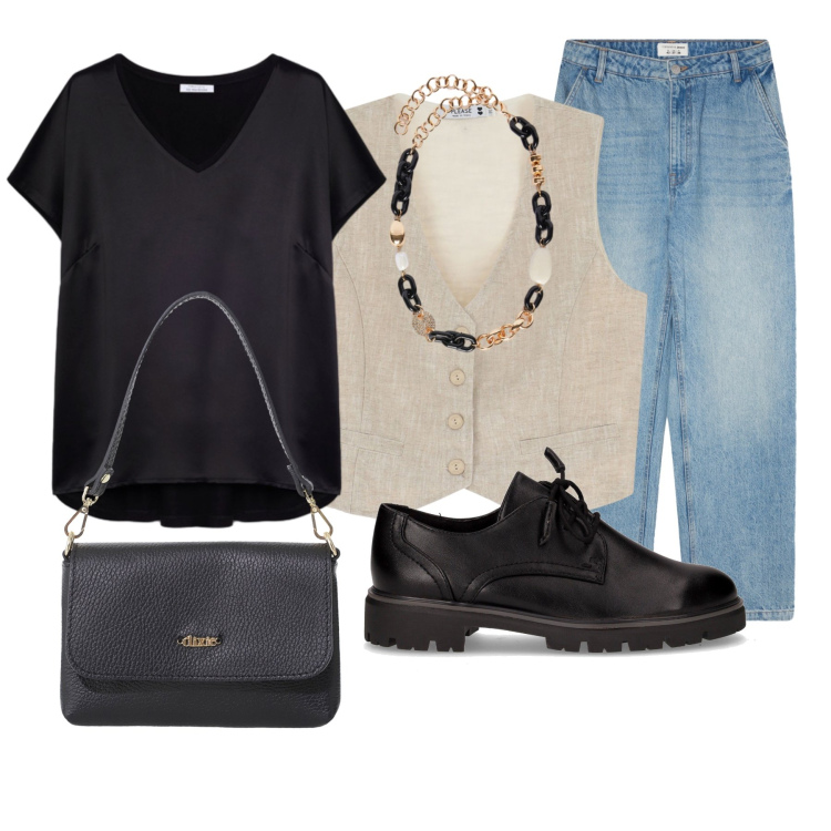 Outfit donna - Scarpa stringata. Stile Casual per Tutti i giorni. Abbinamento con jeans, gilet, borse a tracolla, bluse, collane, scarpe stringate.