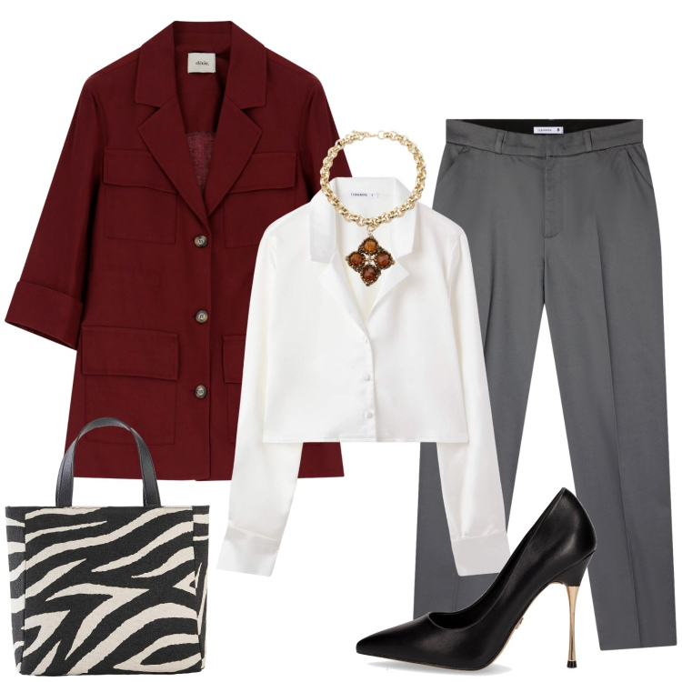 Outfit donna - Animalier. Stile Casual chic per Serata fuori. Abbinamento con borse a mano, camicie, pantaloni chino, blazer, collane, décolleté.