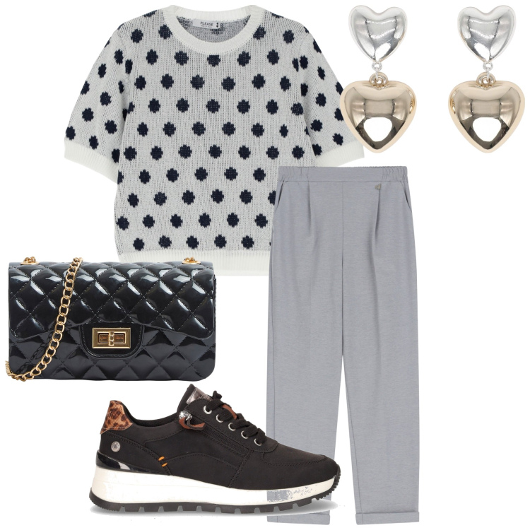 Outfit donna - Un maglioncino a pois. Stile Casual per Tutti i giorni. Abbinamento con borse a tracolla, orecchini, maglieria, pantaloni, sneakers.