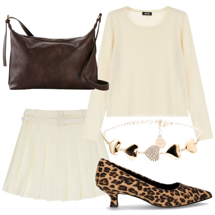 Outfit donna - Un maglioncino e una gonna. Stile Casual chic per Tutti i giorni. Abbinamento con borse a tracolla, braccialetti, pullovers, minigonne, décolleté.
