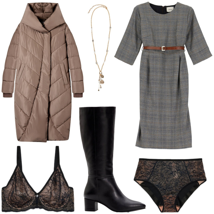 Outfit donna - Il calore del cioccolato. Stile Chic per Ufficio. Abbinamento con stivali, cappotti, vestiti, culotte, reggiseni, ciondoli.