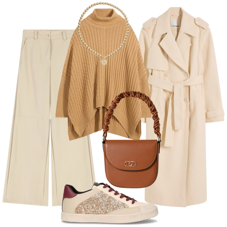Outfit donna - Stilosa per un brunch. Stile Casual chic per Tutti i giorni. Abbinamento con maglieria, trench, borse a mano, pantaloni a palazzo, collane, sneakers.