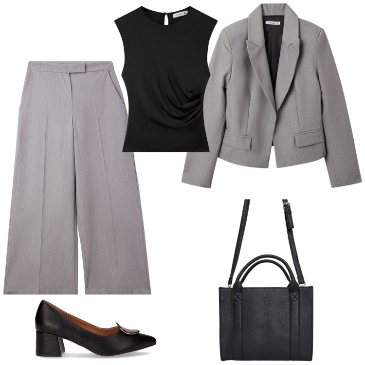 Outfit donna - Colloquio di lavoro. Stile Casual chic per Ufficio. Abbinamento con borse tote, blazer, t-shirt, pantaloni a palazzo, décolleté.