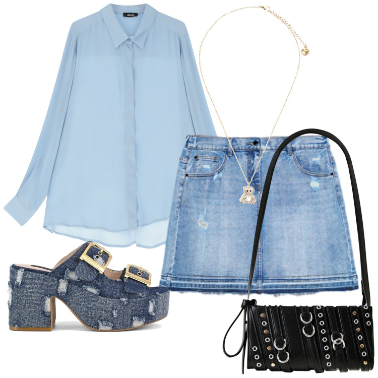 Outfit donna - La camicia azzurra. Stile 70s per Tutti i giorni. Abbinamento con borse a spalla, ciondoli, camicie, sandali, minigonne.