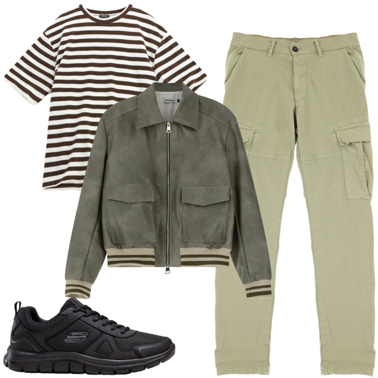 Outfit uomo - Spirito metropolitano. Stile Urban per Tutti i giorni. Abbinamento con sneakers, bomber, pantaloni cargo, t-shirt.