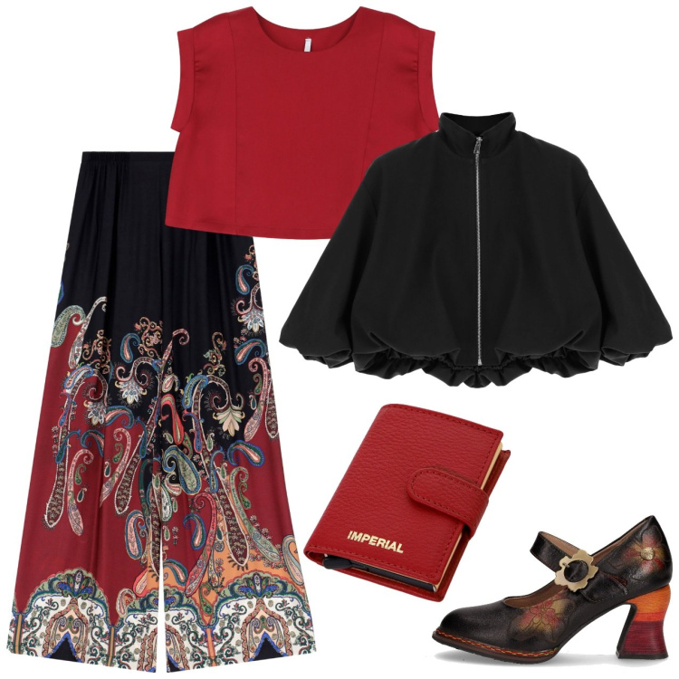 Outfit donna - Prendere nota. Stile Etnico per Tutti i giorni. Abbinamento con portafogli, pantaloni a palazzo, bomber, top, décolleté.