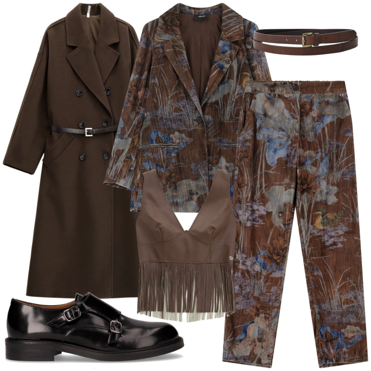 Outfit donna - Tailleur a fiori. Stile Chic per Tutti i giorni. Abbinamento con top, cappotti, cinture, pantaloni, blazer, mocassini.