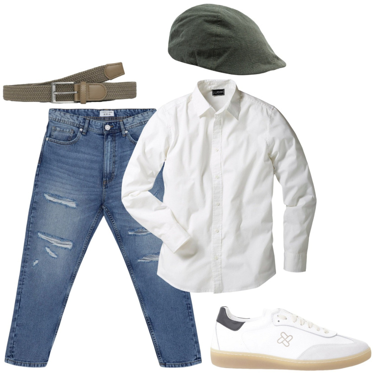 Outfit uomo - Jeans e camicia bianca. Stile Trendy per Tutti i giorni. Abbinamento con camicie, jeans strappati, cinture, sneakers, cappelli con visiera.