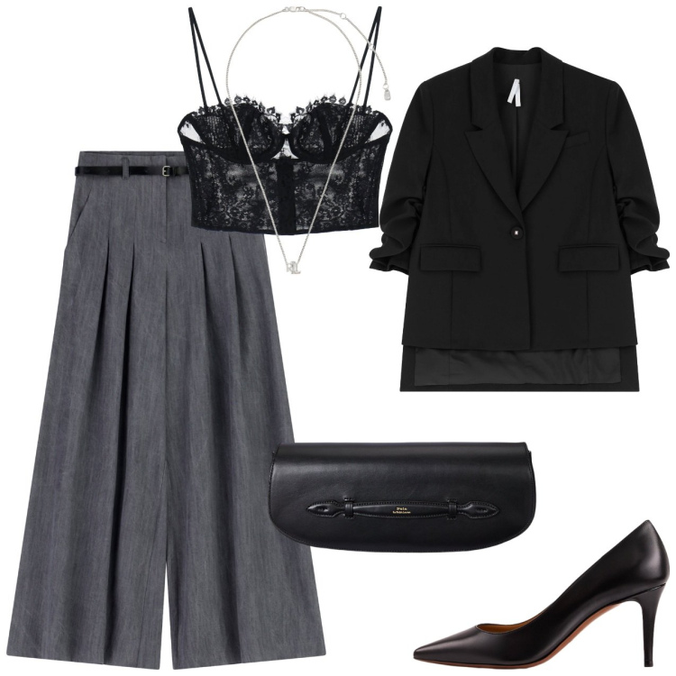 Outfit donna - Top pizzo. Stile Sexy per Serata fuori. Abbinamento con blazer, pantaloni a palazzo, top, ciondoli, décolleté, clutch.