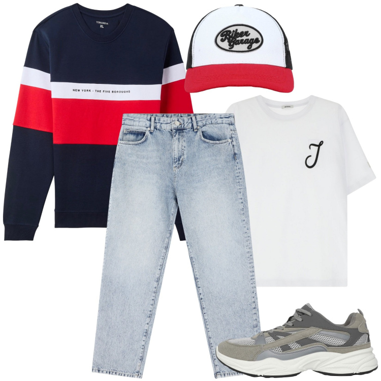 Outfit uomo - Jeans e t-shirt Imperial. Stile Casual per Tutti i giorni. Abbinamento con cappelli con visiera, felpe con cappuccio, sneakers, jeans dritti, t-shirt.