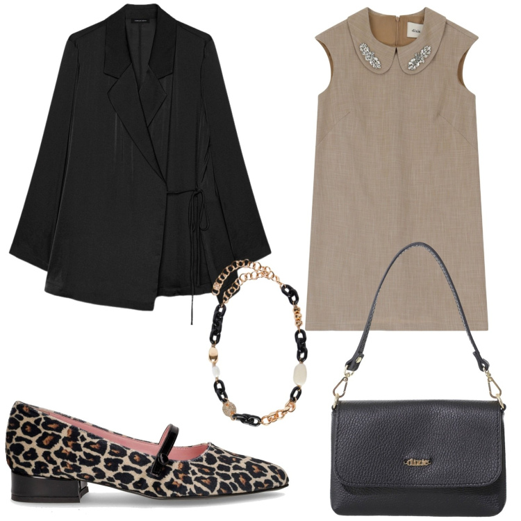 Outfit donna - Tubino e animalier. Stile Bon Ton per Serata fuori. Abbinamento con vestiti corti, borse a tracolla, ballerine, blazer, collane.