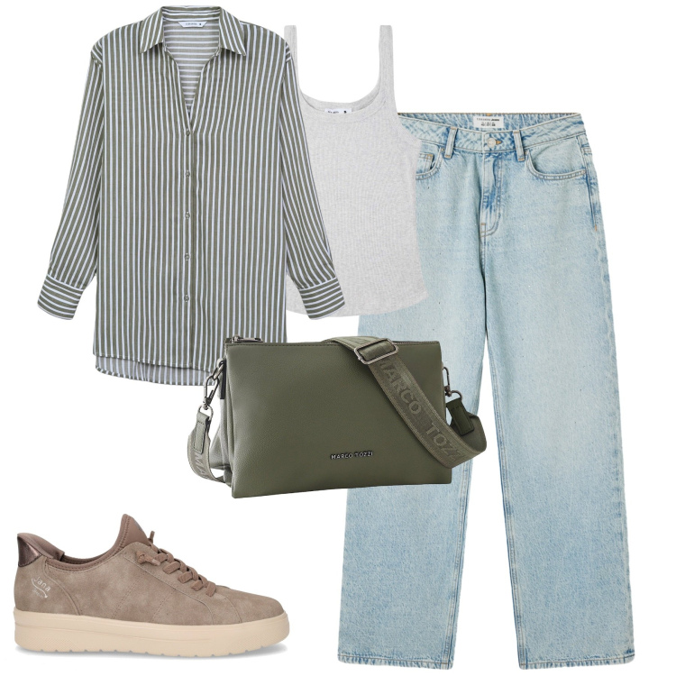 Outfit donna - La camicia over. Stile Casual per Tutti i giorni. Abbinamento con borse a tracolla, camicie, jeans, canottiere, sneakers.